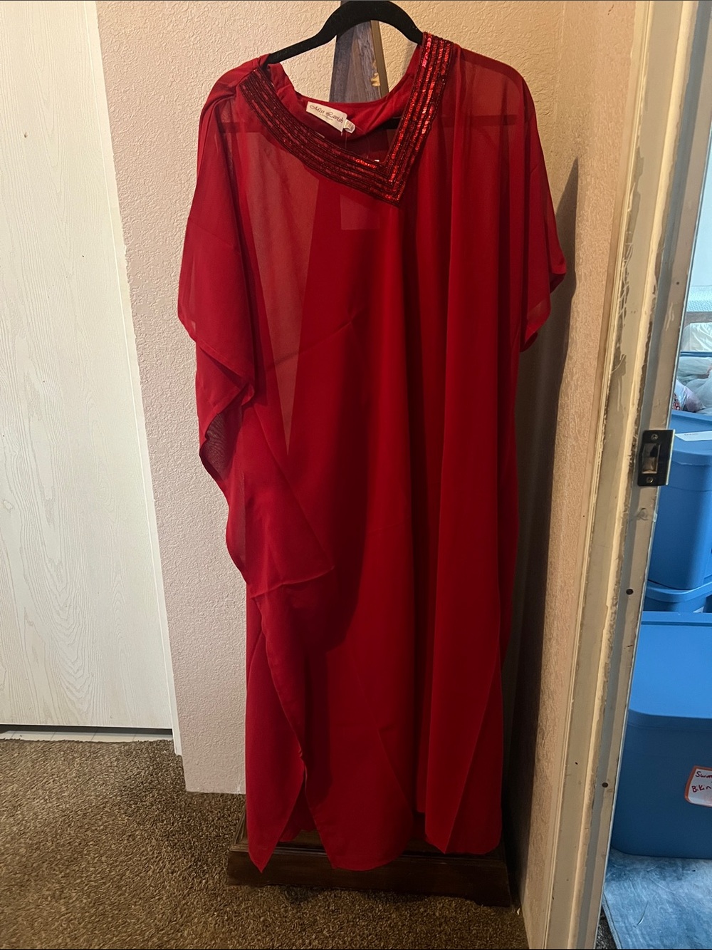 Red Beaded V-Neck Women's Dress